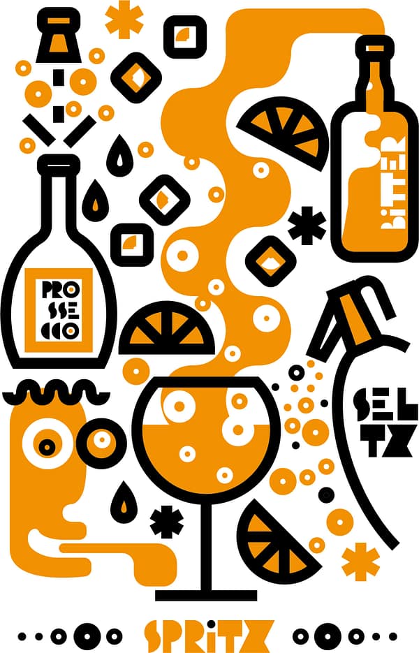 Italian Happy Hour, ricetta dello spritz - illustrazione di Alessio Cottino